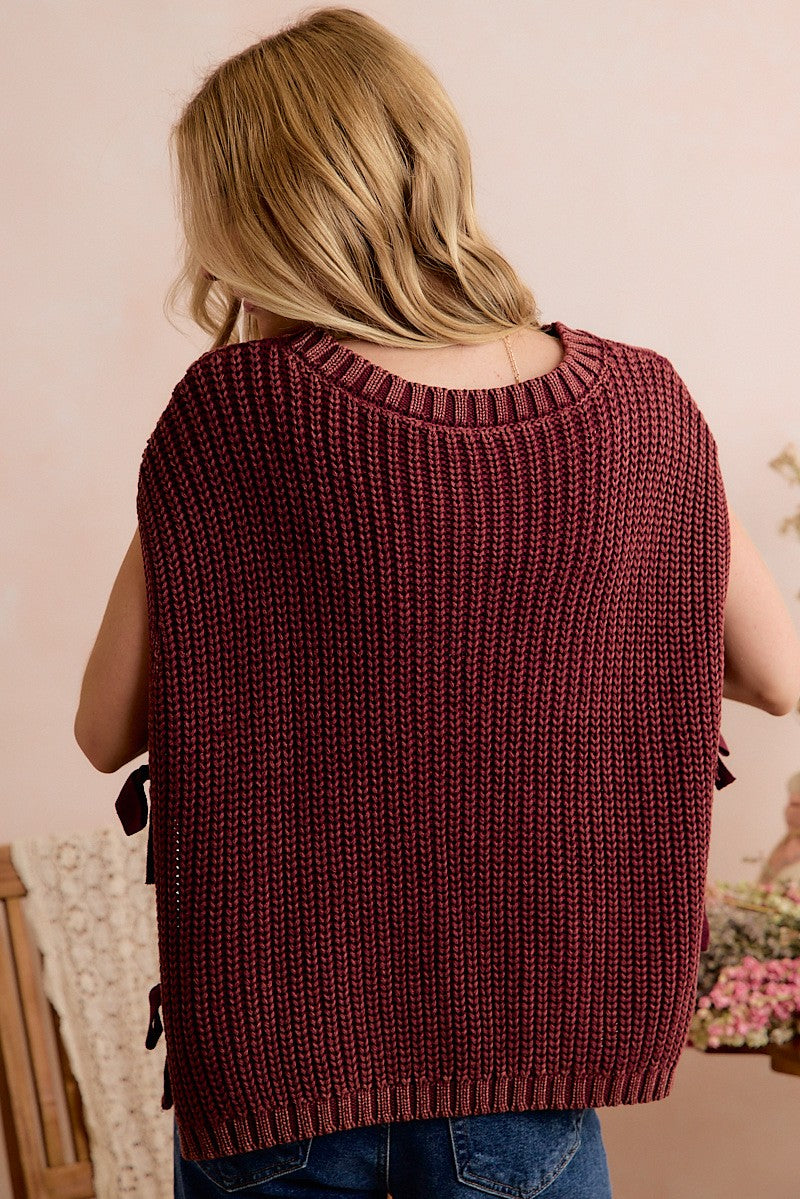 Emily Washed Cable Knit Vest With Side Ribbon Tie