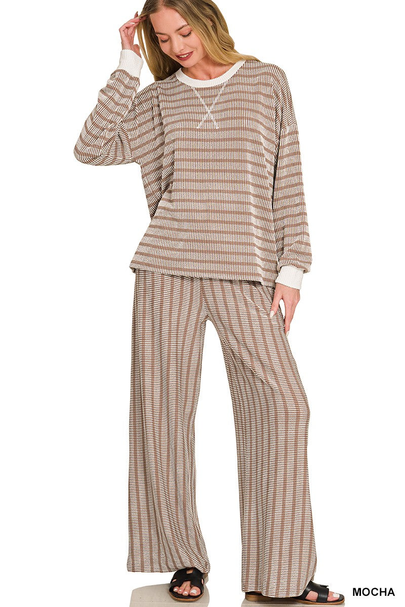 Gianna Raised Rib Striped Pullover + Pants Set | Mocha