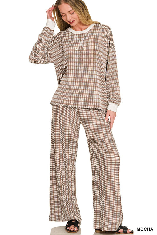 Gianna Raised Rib Striped Pullover + Pants Set | Mocha