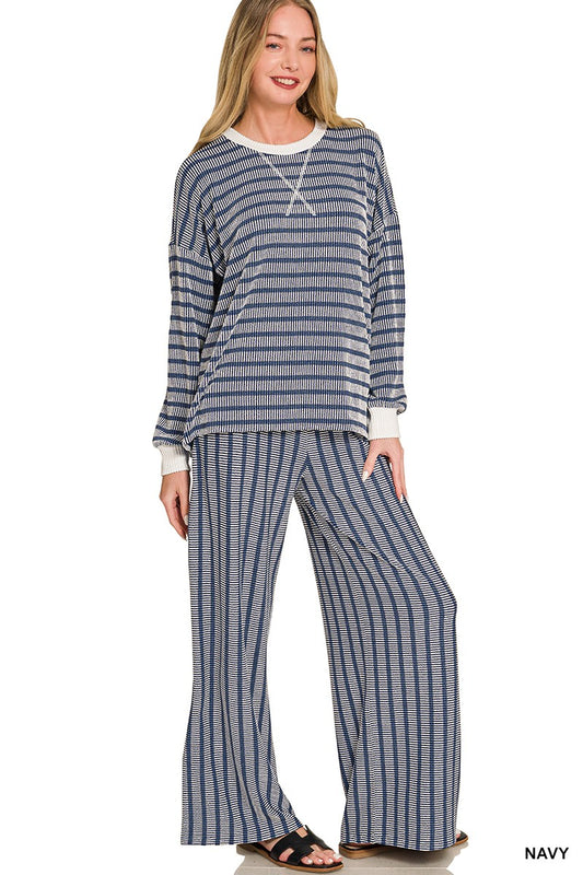 Gianna Raised Rib Striped Pullover + Pants Set | Navy