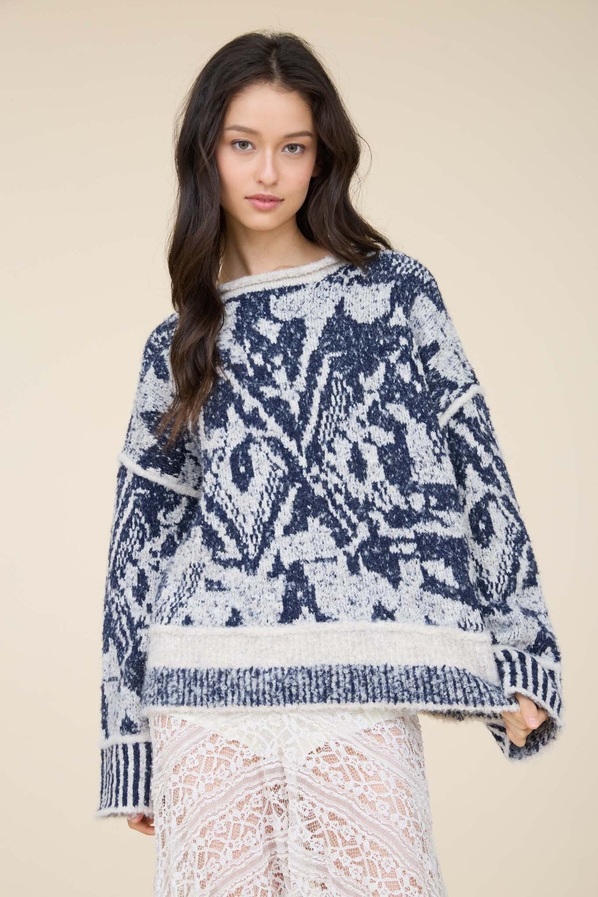 Khloe Heathered Geometric Print Sweater | Navy