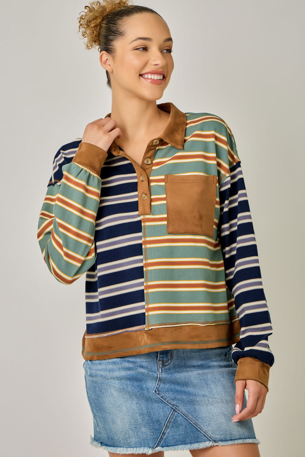 Lori Mixed Stripe Suede Accent Polo