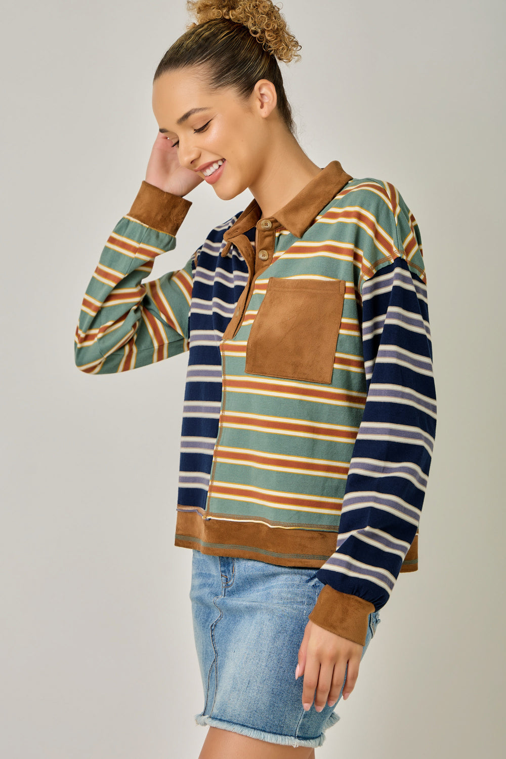 Lori Mixed Stripe Suede Accent Polo