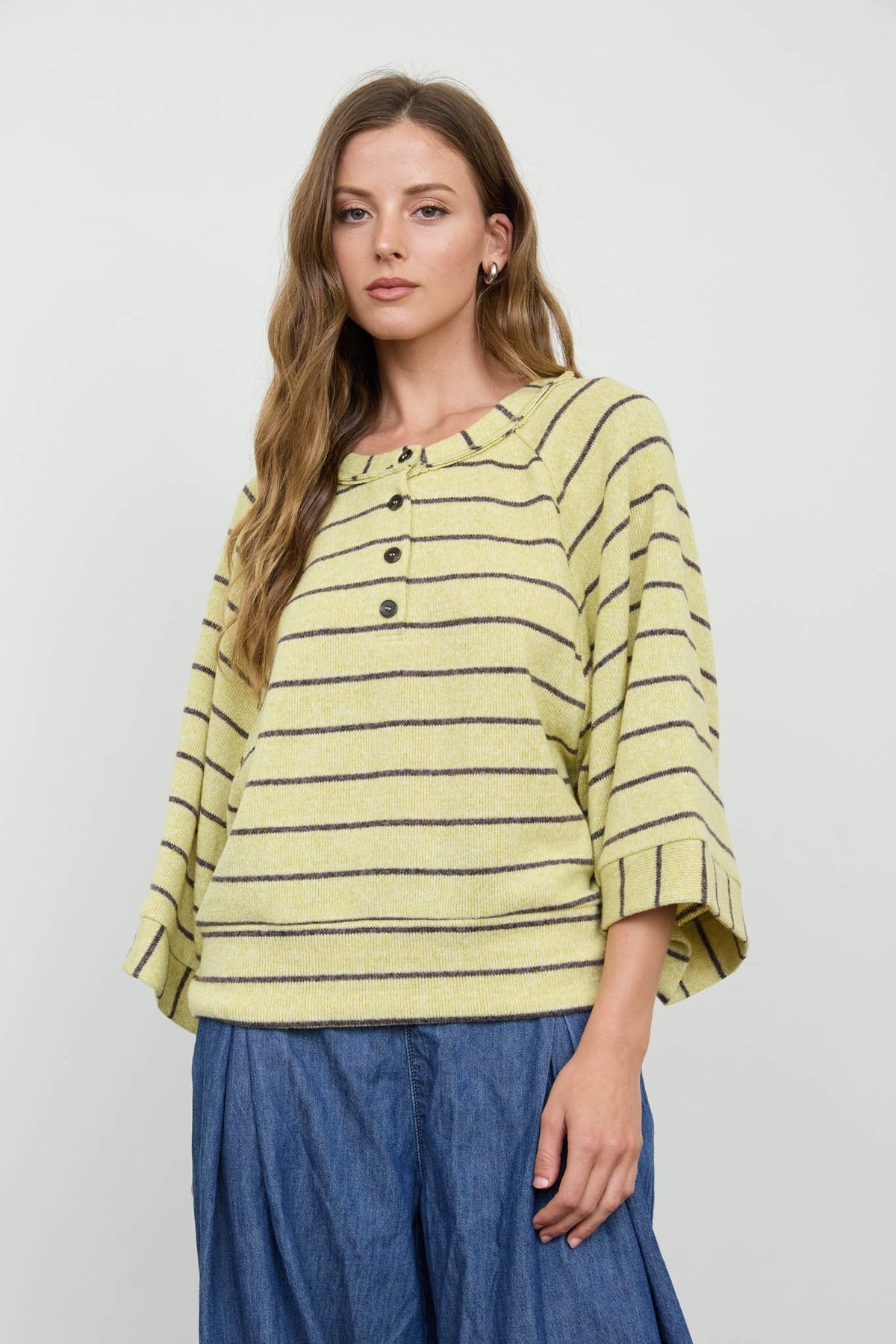 Luna Stripe Henley Sweater | Lime