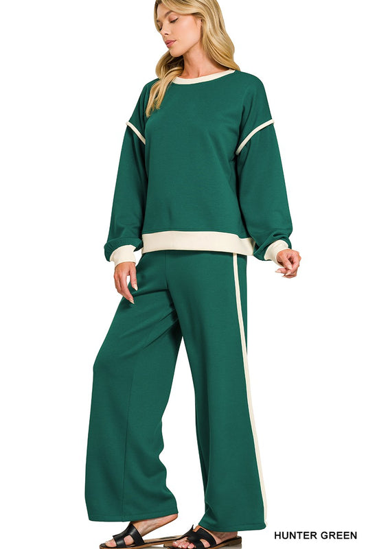 Mia Contrast Trim Sweatshirts + Pants Set | Green