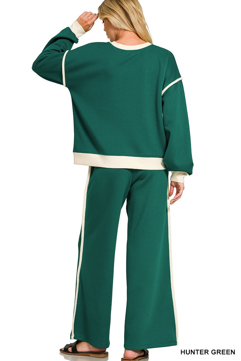 Mia Contrast Trim Sweatshirts + Pants Set | Green