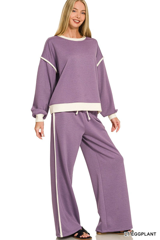 Mia Contrast Trim Sweatshirts + Pants Set | Purple