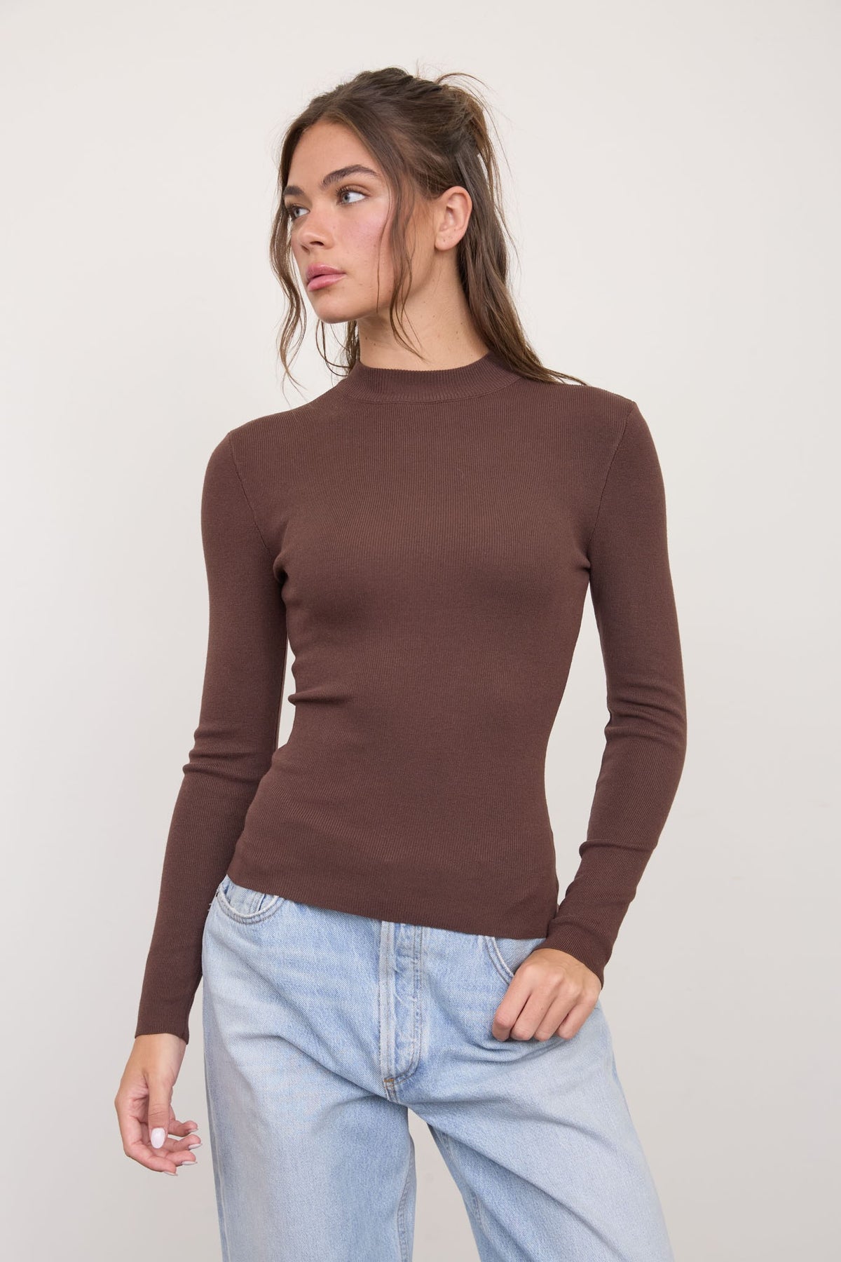 Mock Neck Long Sleeve Top | Dark Brown
