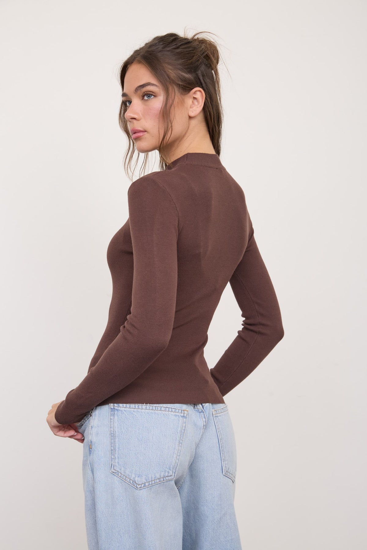 Mock Neck Long Sleeve Top | Dark Brown
