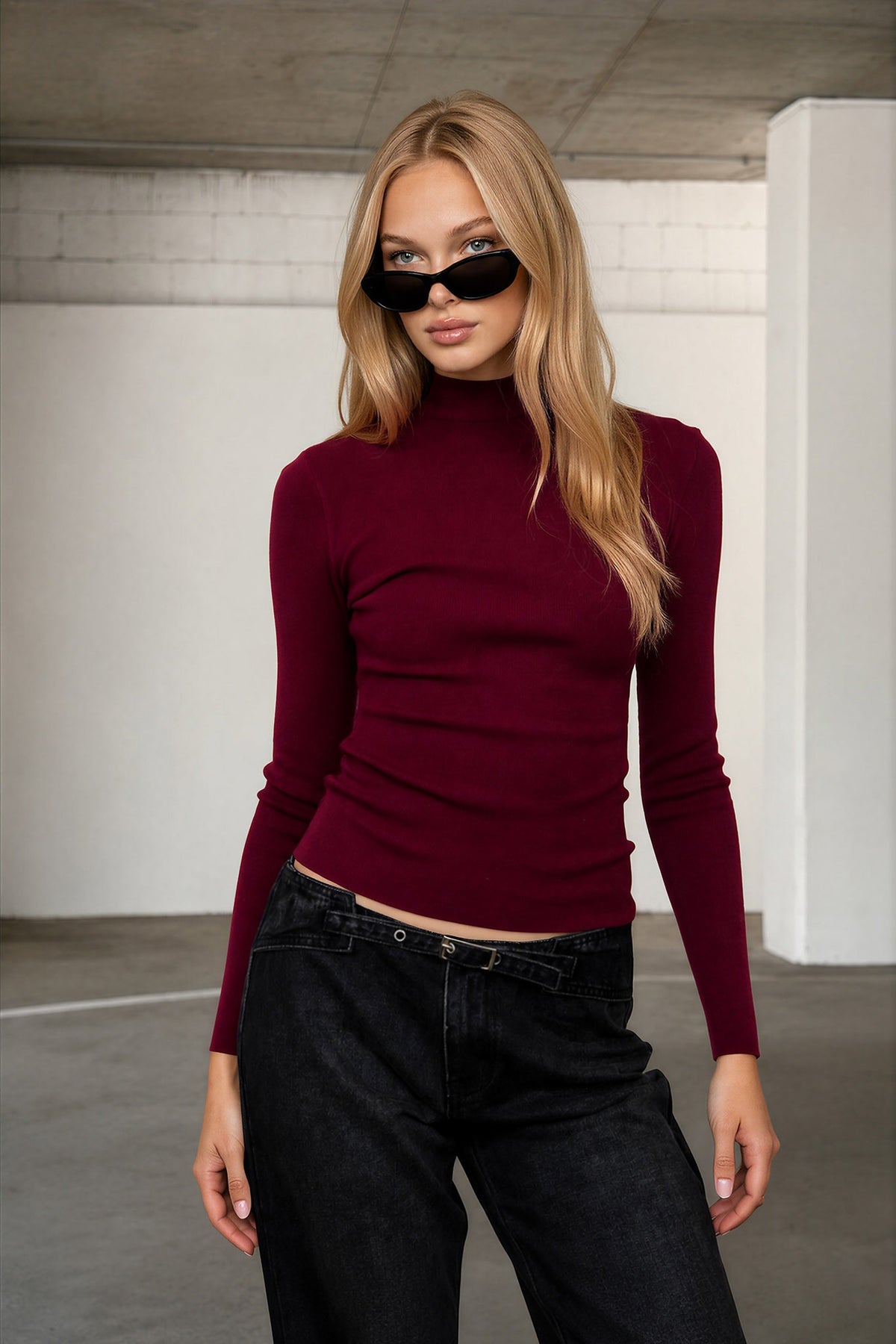 Mock Neck Long Sleeve Top | Burgundy