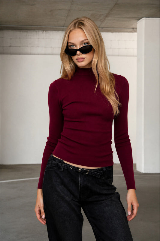 Mock Neck Long Sleeve Top | Burgundy