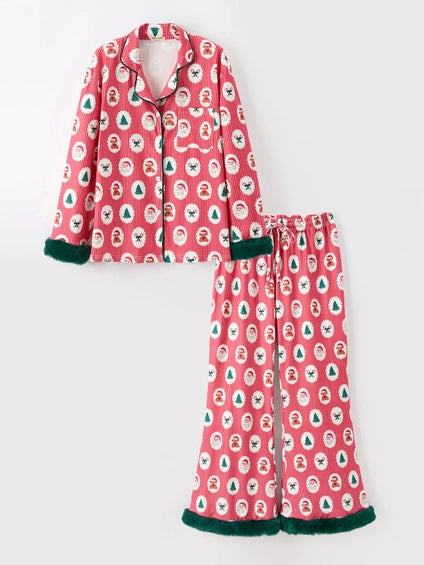 Santa Print Pajama Set with Fur Trim