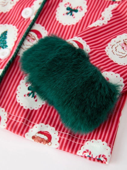 Santa Print Pajama Set with Fur Trim