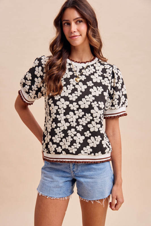 Sarah Flower Embossing Puff Sleeve Top
