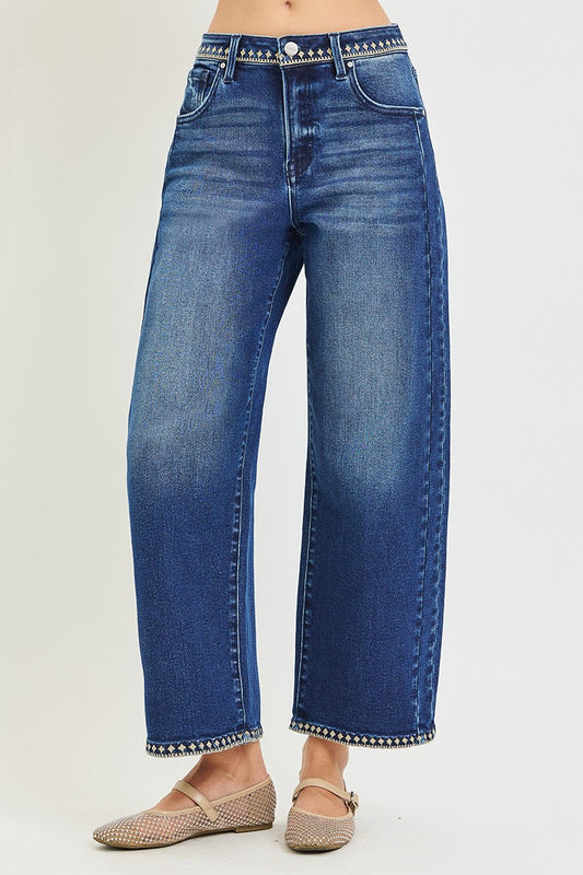 Risen Cropped Barrel Jeans With Embroidered Details